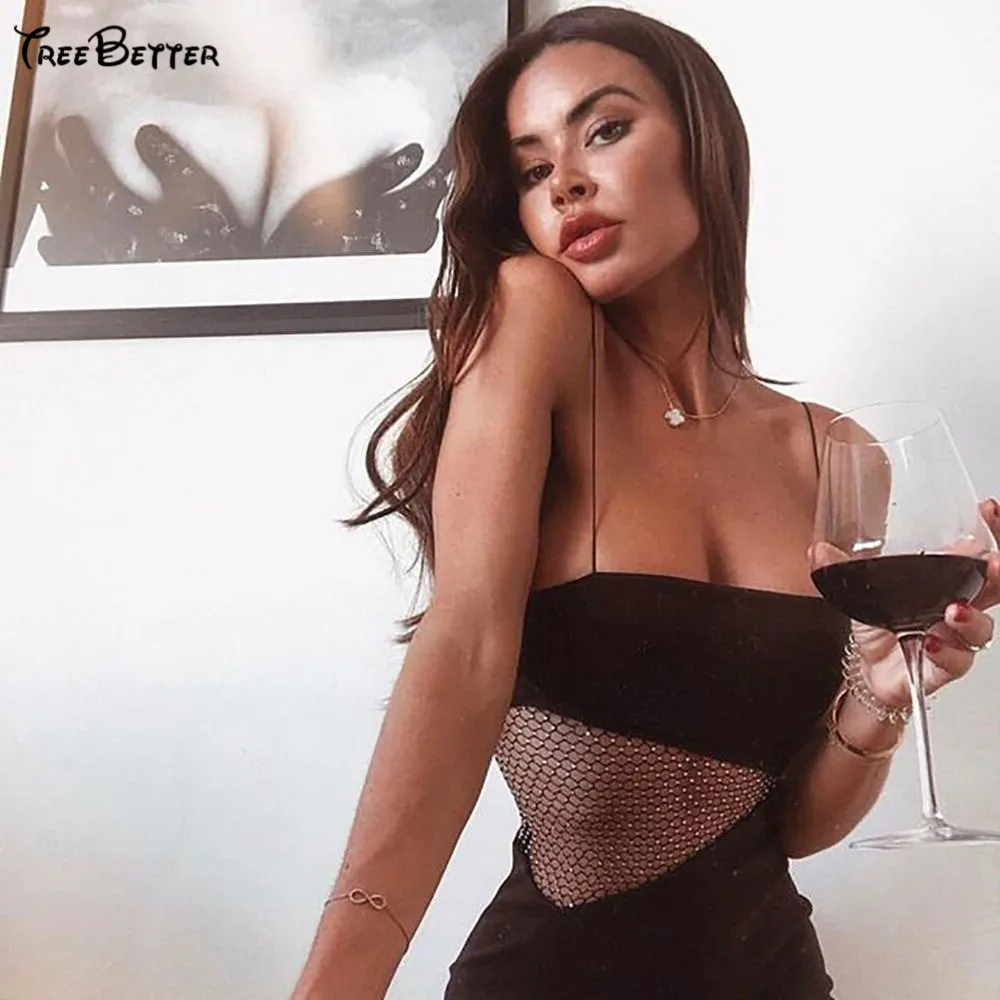 

Rhinestone Mesh Patchwork Spaghetti Strap Black Slim Hips Club Party Sexy Summer 2019 Women Dress