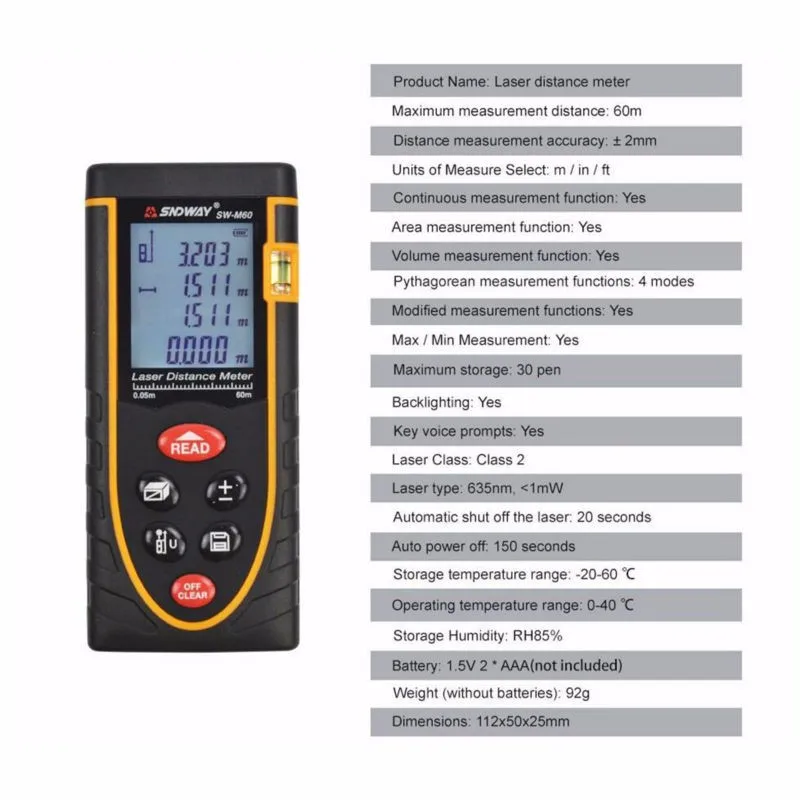 SW-M60 SNDWAY-0,05 60m Цифровой Лазерный дальномер, Рулетка Площадь/Объем Инструмент