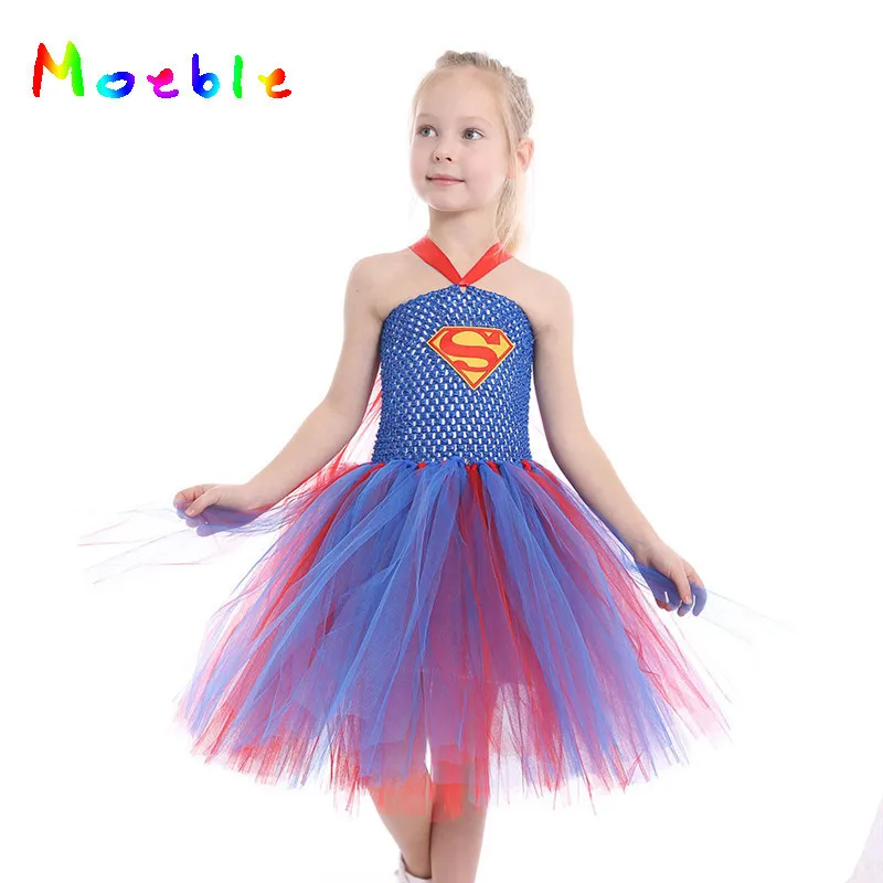 

Red Blue Supergirl Girls Tulle Tutu Dress Princess Summer Dress Halloween Children Cosplay Costume Baby Kids Party Dresses