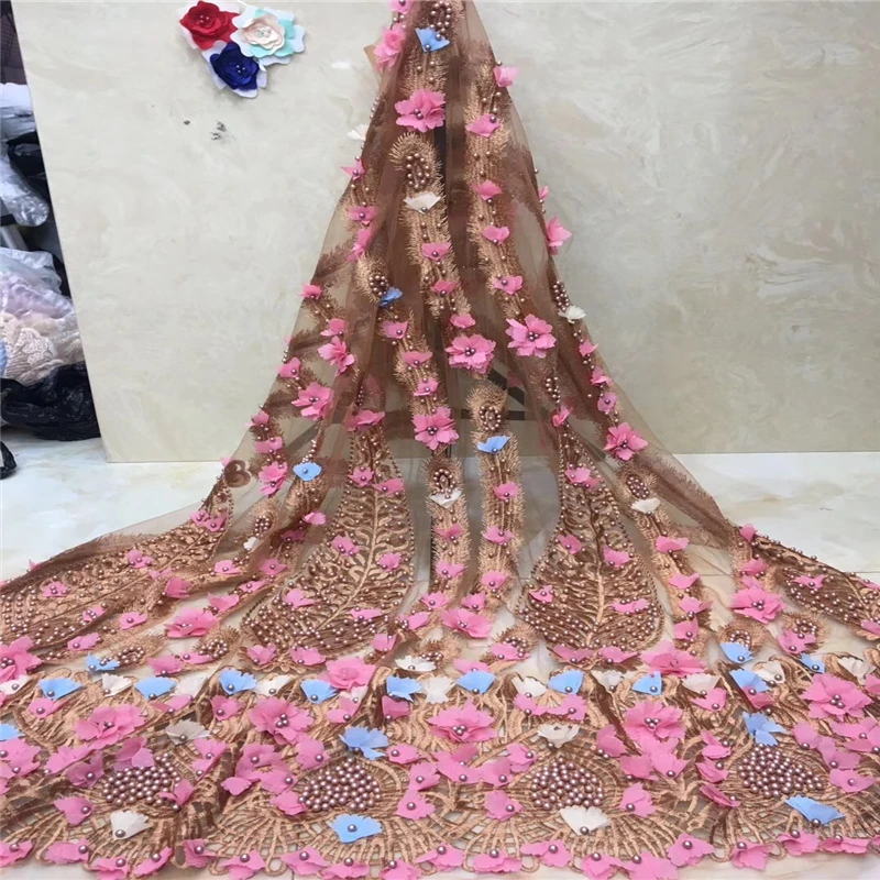 

VILLIEA 3D African Flower Embroidered Tulle Lace, With Beads African Lace Fabric 2018 High Quality Beautiful Lace Powder Blue
