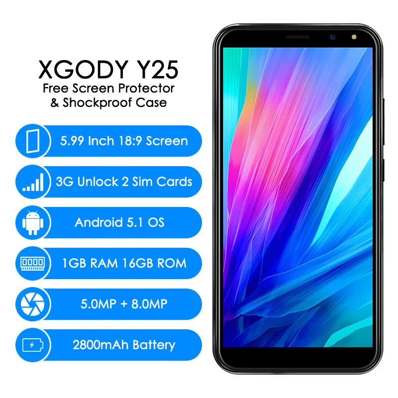 Original XGODY Y25 3G desbloquear Smartphone 5,99 pulgadas 18:9 Quad Core 1 GB + 16 GB teléfono Android 2800 mAh teléfono móvil Celular Original XGODY Y25 3G desbloquear Smartphone 5,99 pulgadas 18:9 Quad Core 1 GB + 16 GB teléfono Android 2800 mAh teléfono móvil Celular