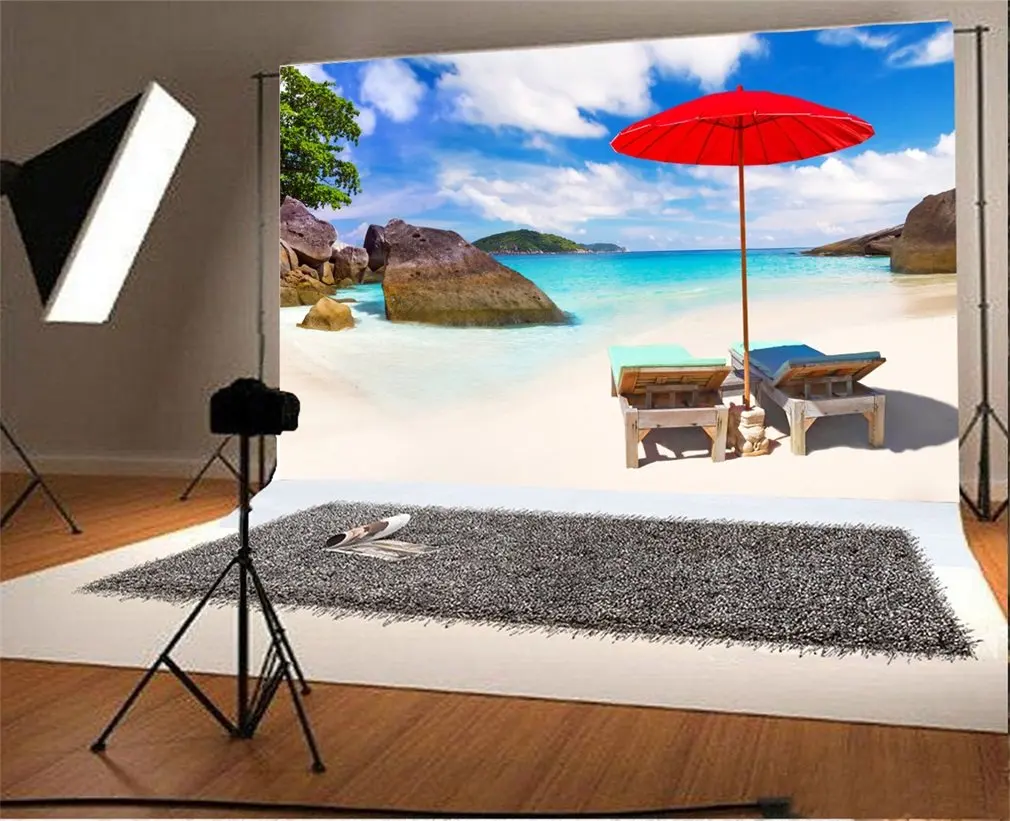 

Photography Backdrop Beach Seaside Deck Chair Red Beach Parasola Rock Stones Tree Blue Sky White Cloud Nature