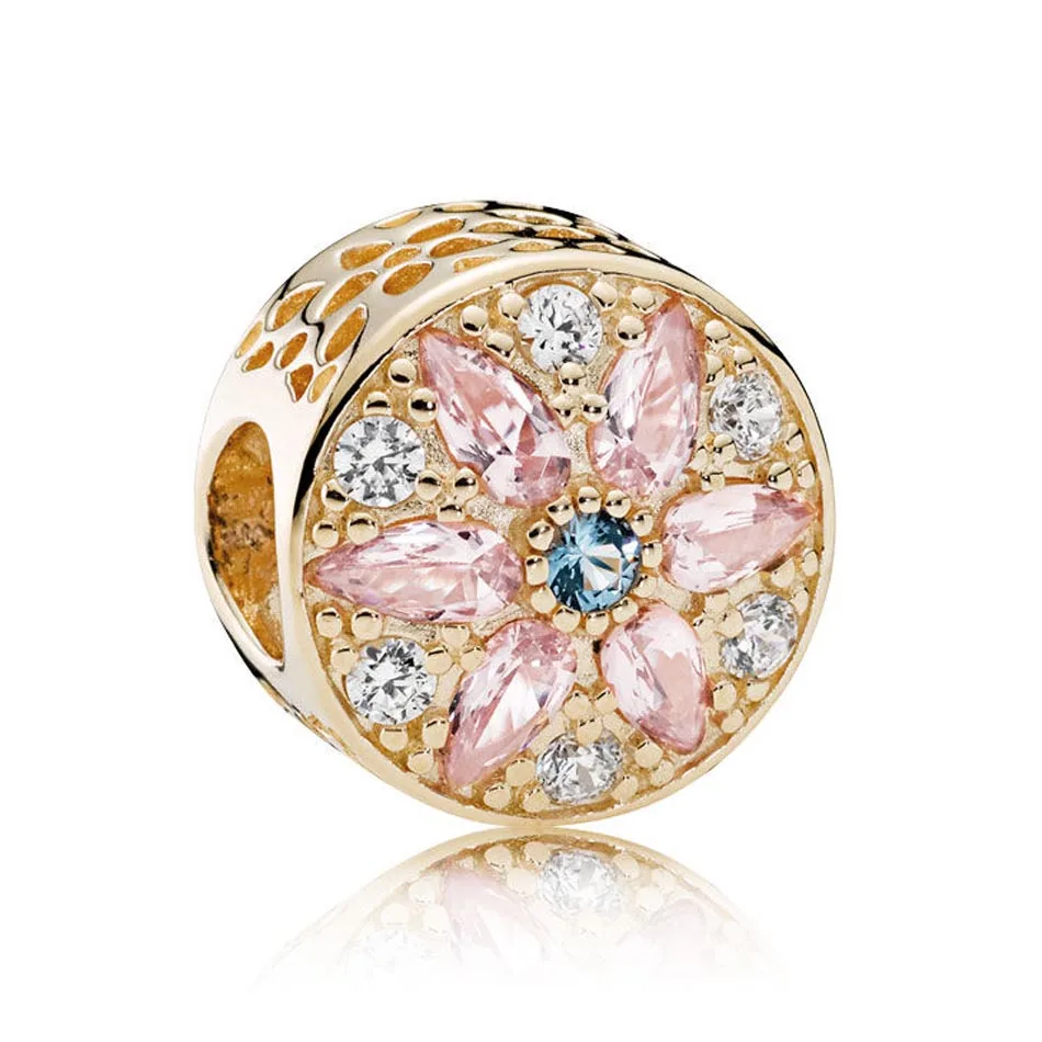 

Authentic S925 Sterling Silver DIY Jewelry Opulent Floral Charm fit Pandora Bracelet Bangle Girl Gift Gold Colour Clear CZ
