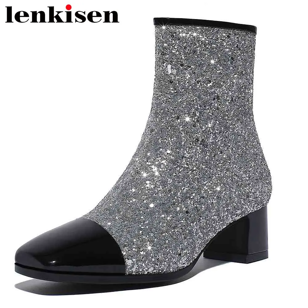 

Lenkisen pop patchwork cow leather square toe thick med heels mixed colors bling bling young girls woman zipper ankle boots L25