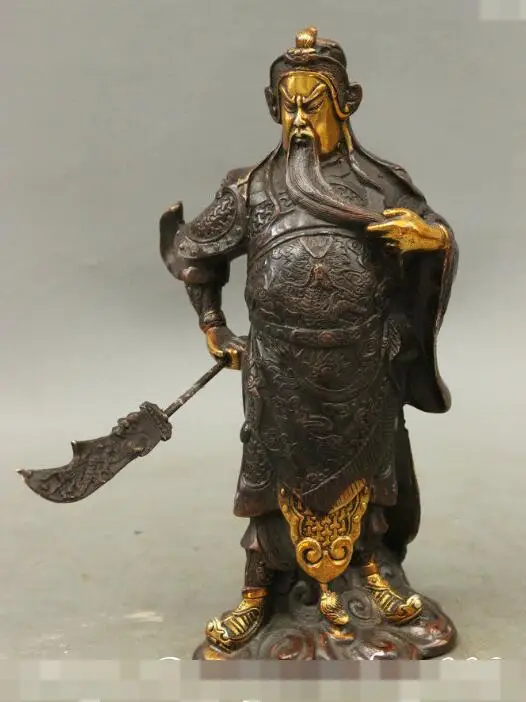 

song voge gem S6838 10" Chinese Bronze Gilt Dragon Warrior GuanGong GuanYu God Sword Statue Figurine