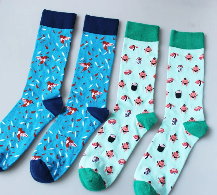 YSMILE Y Новое поступление 2 пар/лот модные Для мужчин носки с мультяшным рисунком птицы синий зеленый хлопок удобные дышащие носки для