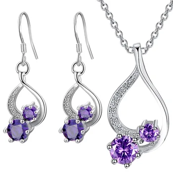 

Heart shaped Purple CZ White Zircon Women Silver Color Bridal Jewelry Wedding Earrings Pendant Necklace Sets