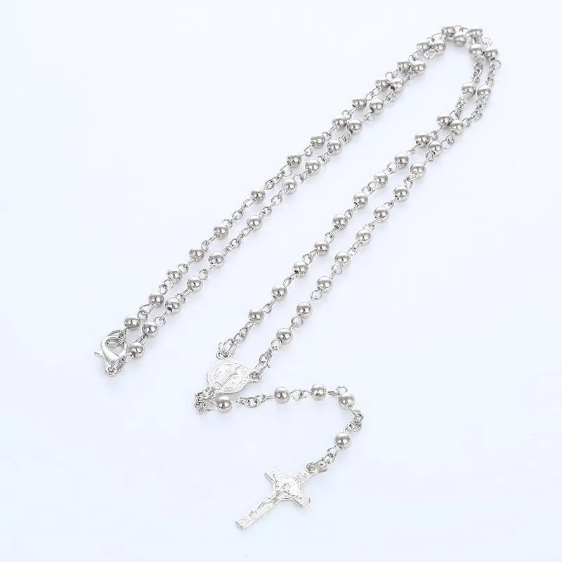 

3mm Silver Rosary Beads Cross Necklace Jesus Catholic Christian Religion Pendnat Necklace