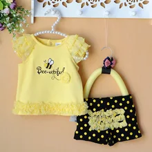 2015 Summer newborn baby clothing sets lace bees floral baby girl clothes 2pcs/set kids T-shirt+shorts yellow