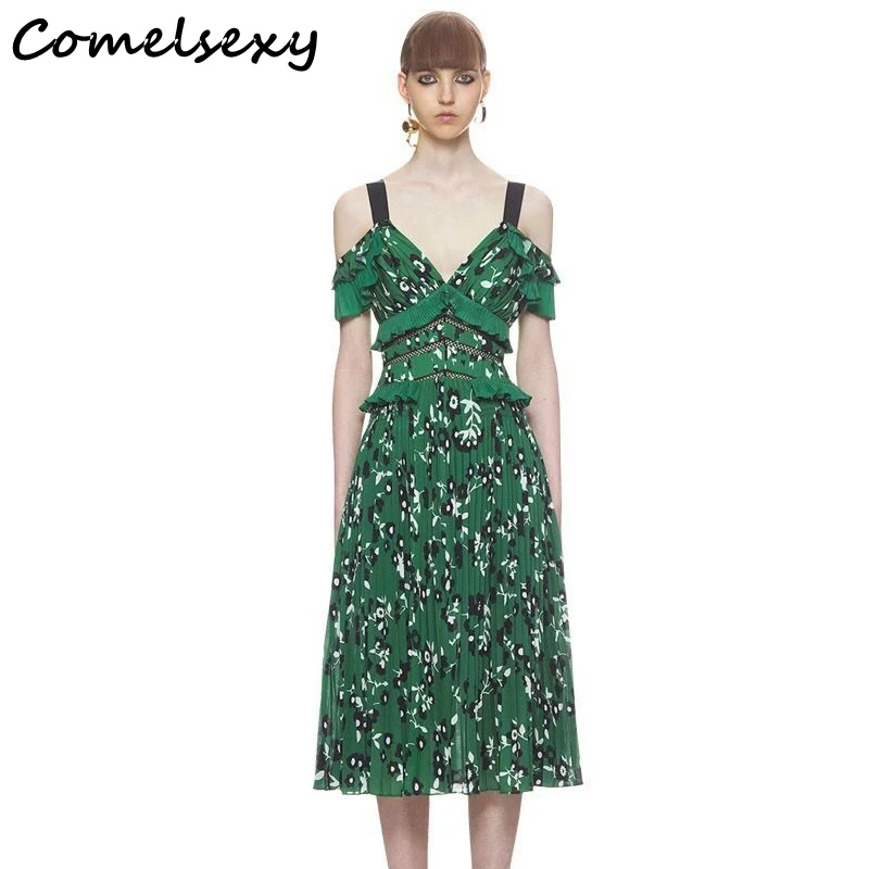 

Comelsexy Self portrait dress 2019 Sexy V neck backless off the shoulder Spaghetti Strap Midi Dress Green Floral Printed Pleated