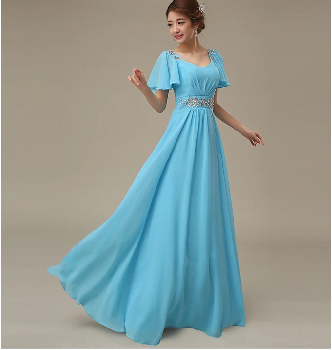 Цвет небесно-синий шифон нарядные платья особые случаи v шеи cap длинными рукавами невесты горничной высокого модное платье 2018 Бесплатная