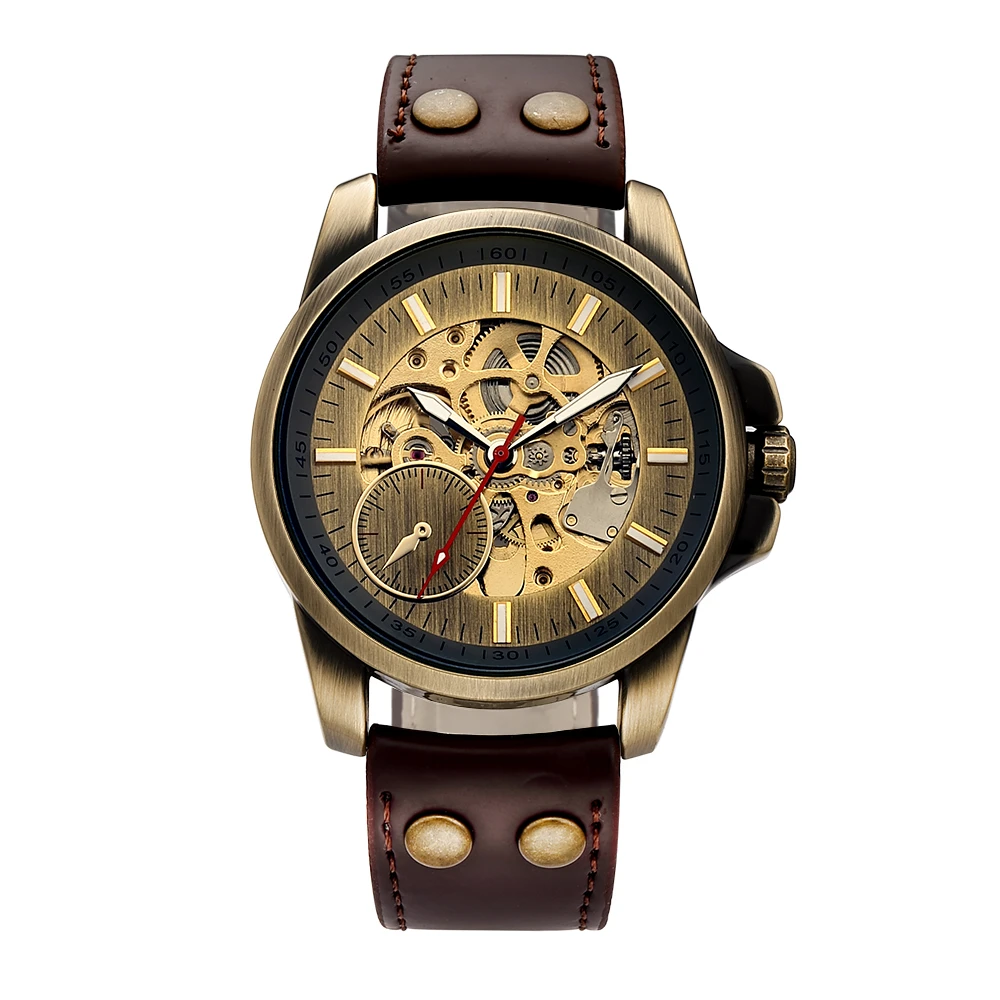 SHENHUA мужские повседневные спортивные часы из натуральной кожи, лучший бренд, роскошные армейские военные автоматические мужские наручные часы, часы со скелетом - Цвет: Коричневый