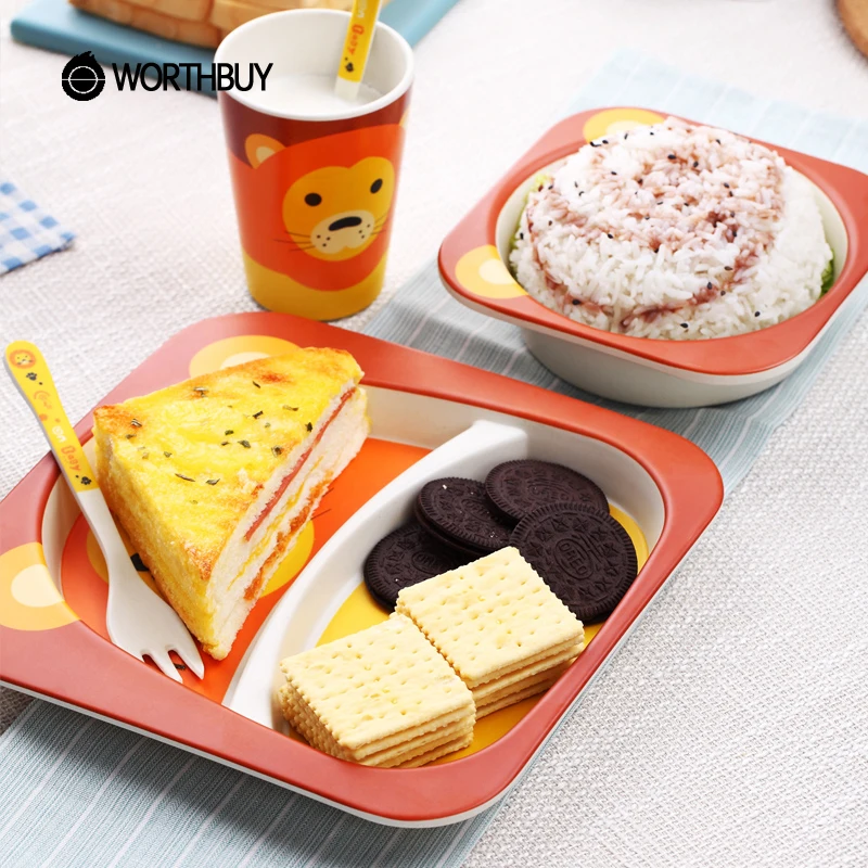WORTHBUY Cute Cartoon Kids Dinnerware Set Eco Friendly Bamboo Fiber Dinner Children Cutlery For School Picnic Tableware|Столовые