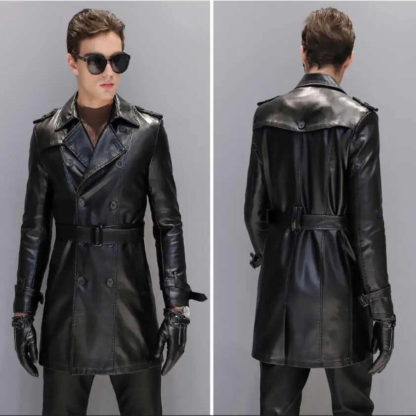 Leather Jacket Double Breasted Belted Trench Coat Mens Wind Breaker Faux leather