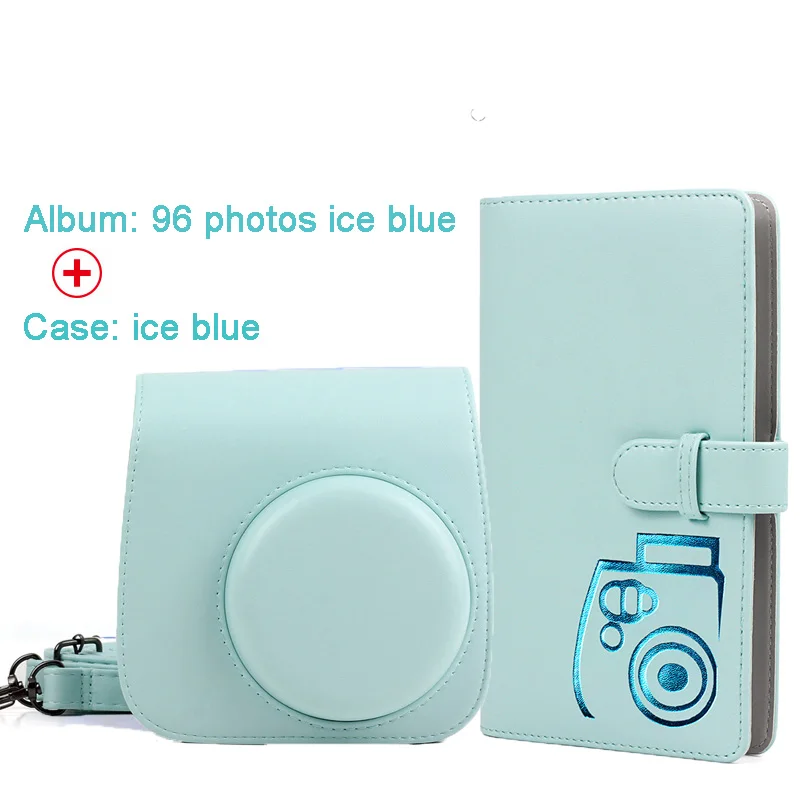 Protective Case Waterproof PU Leather Bag with Shoulder Strap+96 Pockets Photo Album for Fuji Fujifilm Instax Mini 9/8/7s Camera - Цвет: Ice Blue Kit