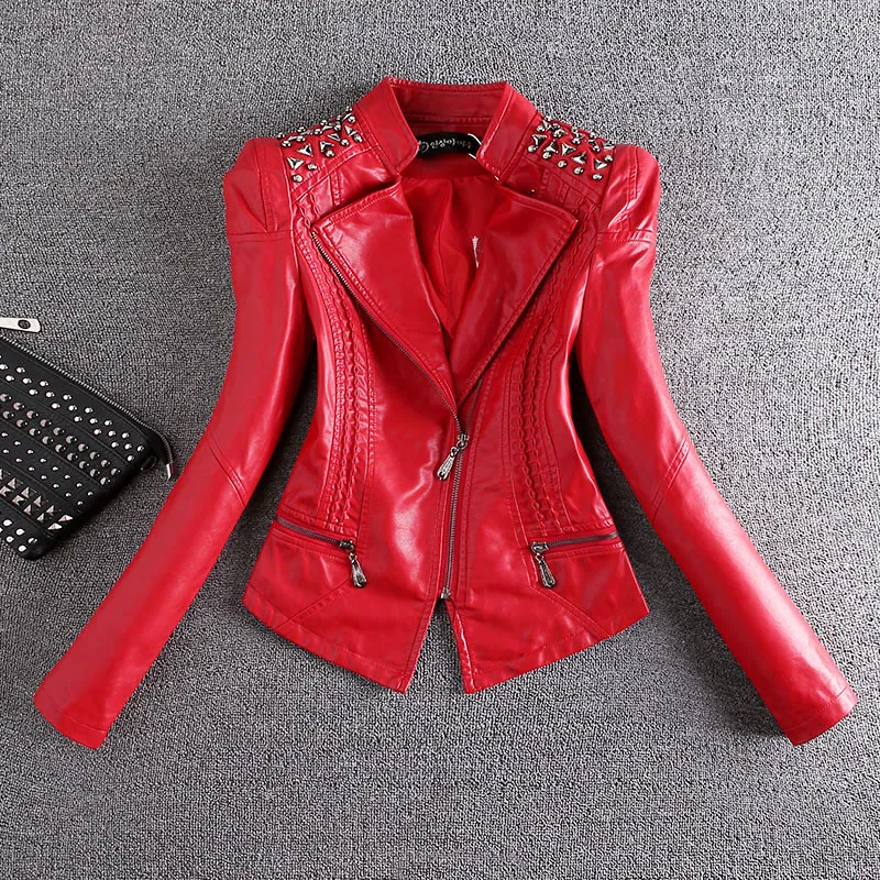 W1548 Coréenne Manteau Collier Moto Mince noir Vestes Automne Perles Veste Femmes M 4xl Cuir rouge Beige Stand 2018 De Courtes En Rivets Printemps Pu Rq75BXw