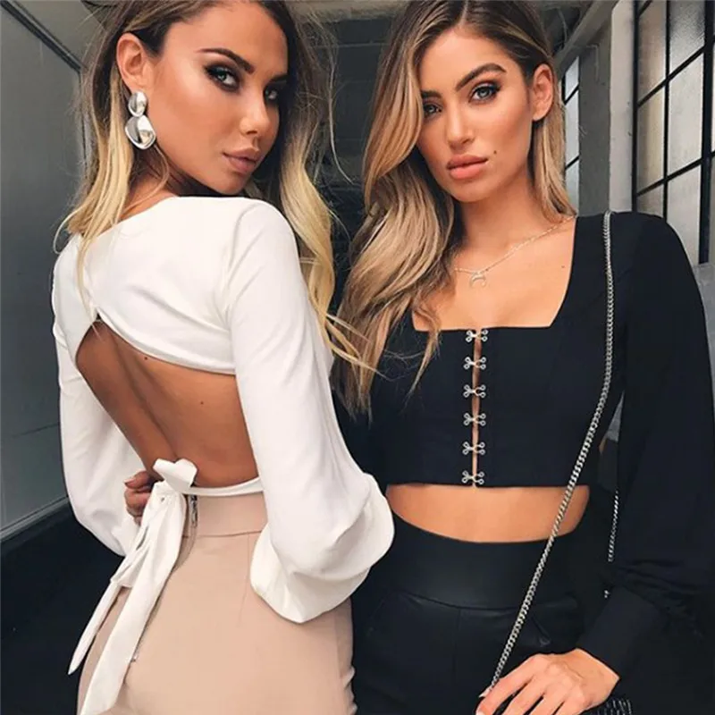 

Fashion backless women summer chiffon blouses square collar bandage sexy female short tops lantern long sleeve 2019 white shirt
