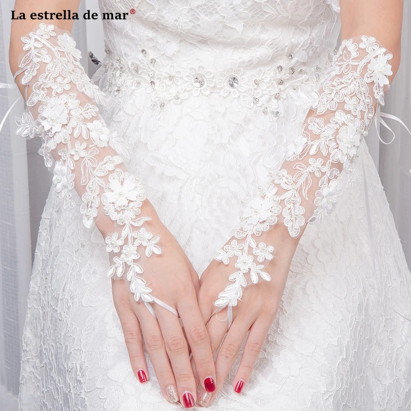 

Accessoire mariage wholesale new exposed finger ivory lace pearl bridal gloves long accesorios boda stock noivas gelin eldiveni