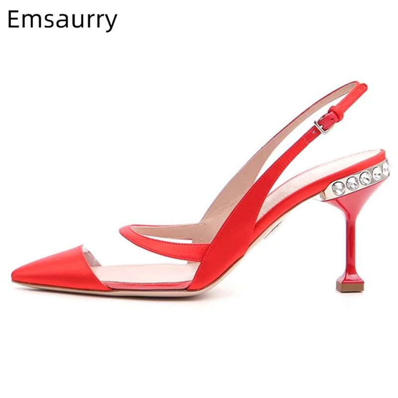 

Luxury Satin Pointed Toe Sandals Women Unique Jewelled Cup Heel Back Strap Transparent PVC Patchwork High Heel Sandalias Mujer