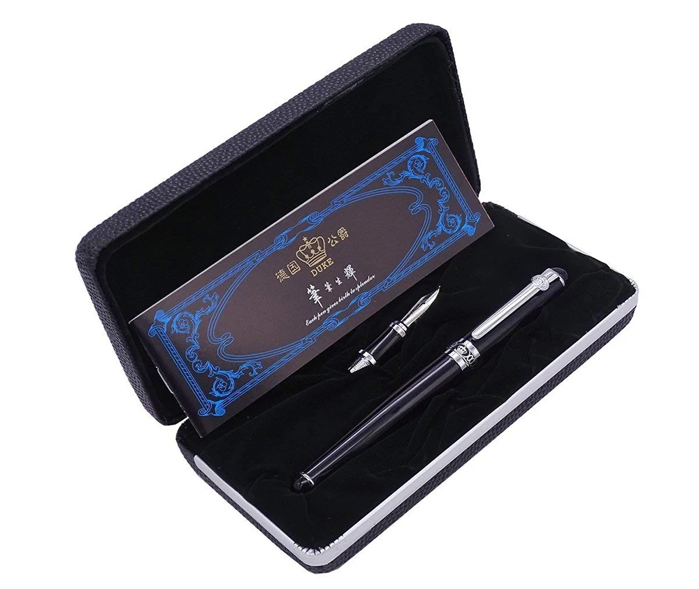 Duke D2 черный серебряный зажим d2 Средний Перо перьевая ручка с 1 шт. каллиграфия Fude изогнутое перо Сменный Набор для письма практика