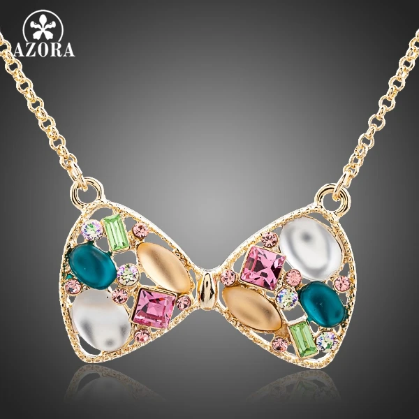 

AZORA Gorgeous Bowknot Gold Color Multi Color Stellux Austrian Crystal Pendant Necklace TN0109