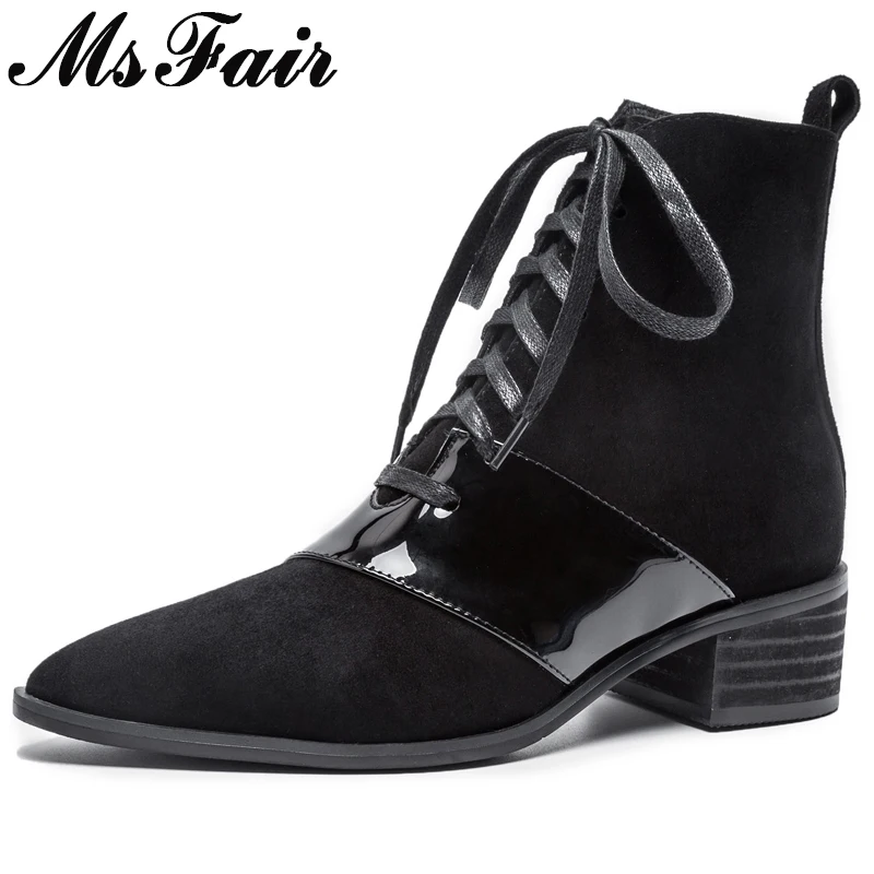 

MSFAIR Pointed Toe Square heel Women Boots Fashion Lace Up Mixed Colors Ankle Boots Women Shoes Med Heel Boot Shoes For Girl