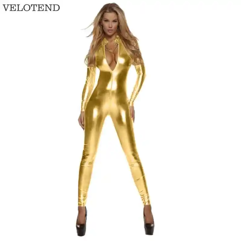 VELOTEND Women Spandex Lycra Nylon One Piece Shiny ...