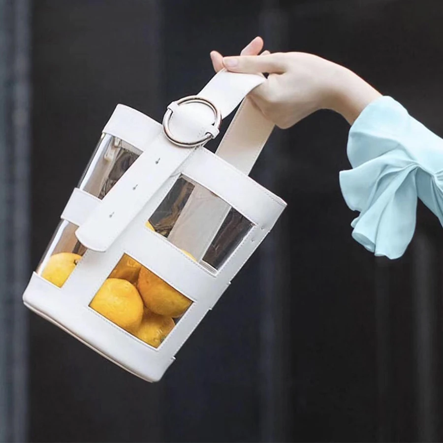 

Vintage Transparent Pvc Bucket Bag For Ladies Simple Hollow Crossbody Bags Women Fashion Hight Quality Pu Splice Handbag 2019New