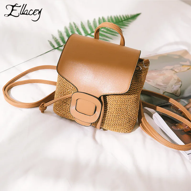 

Summer Hand Knitting Straw Backpack 2019 Summer New Pu Leather Backpack Fashion Vacation Weaving Women Travel Laptop Backpack