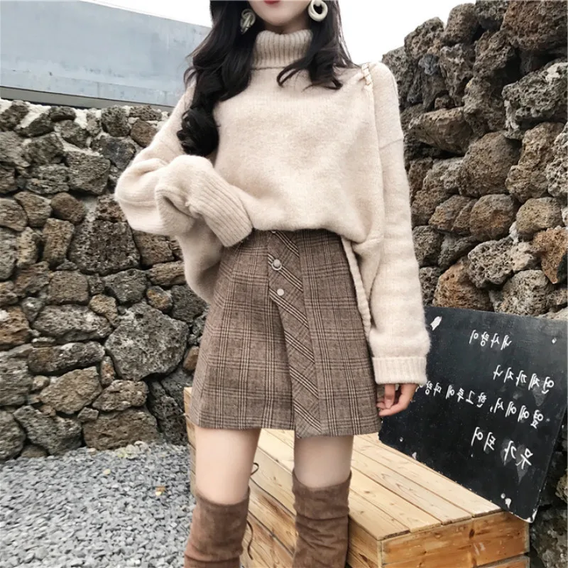 

Korean Style Elegant Womens 2 Piece Skirt Set Turtleneck Long Sleeve Loose Sweater pullover + Single-breasted Mini skirt suits