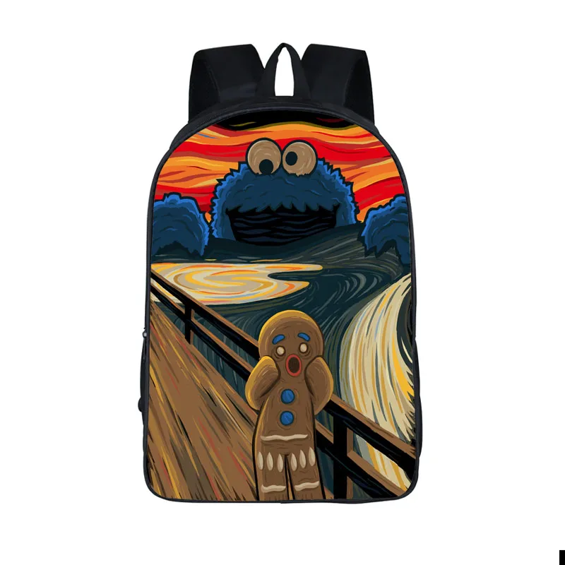 preço Engraçado Cookie Monster Backpack Children School Bolsas Dos Desenhos Animados Mochila Para Os Meninos Adolescentes Meninas Pintura A Óleo Saco de Livro Cookie Monster