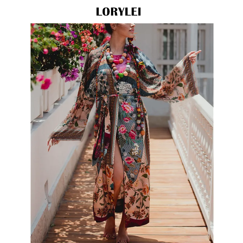 

Bohemian Printed Sashes Self Belted Beach Wrap Dress Plus Size Cotton Tunic Women Summer Front Open Kimono Dress robe plage Q653