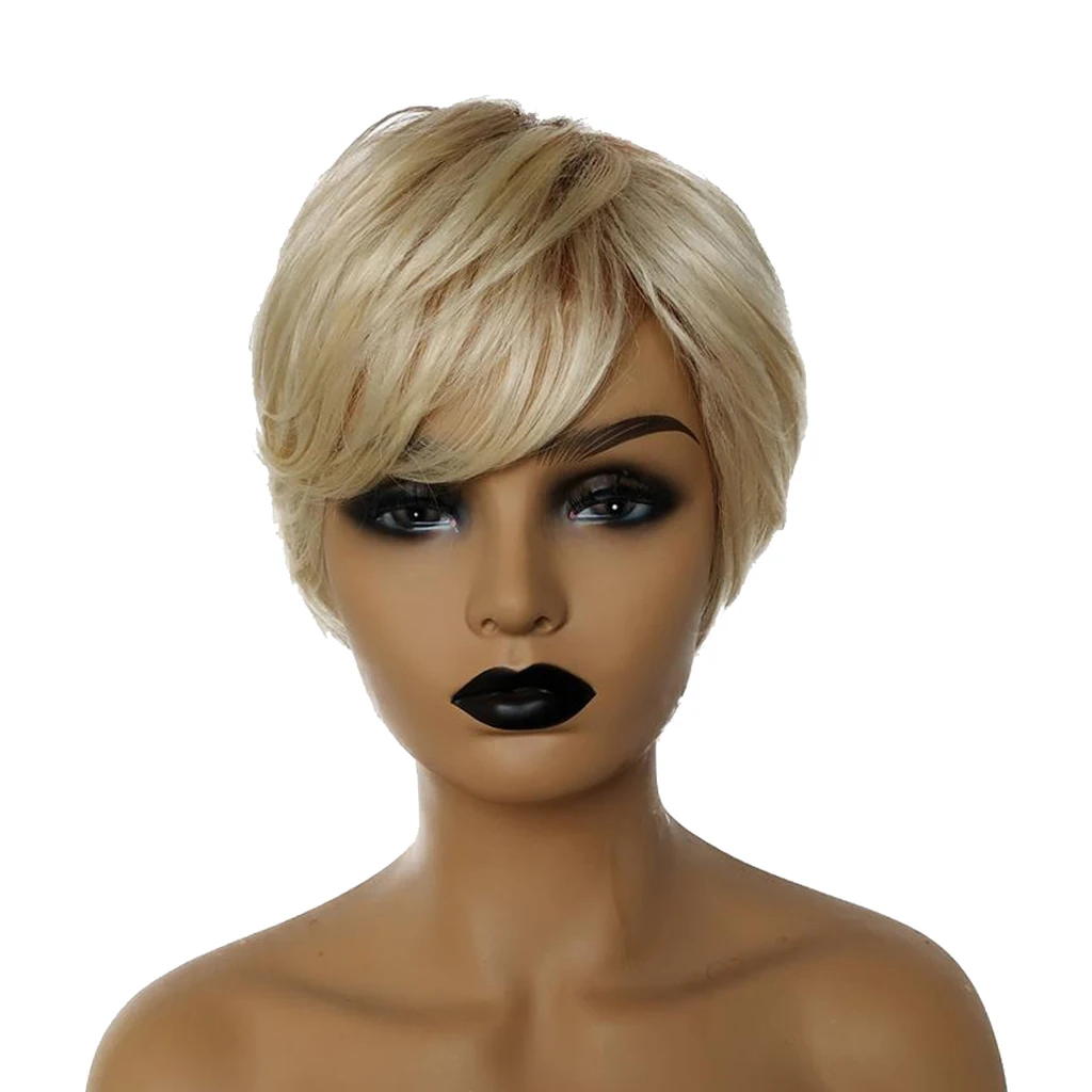

8 inch Short Brown Hair Wigs for Lady Pixie Cut Natural Human Hair Wig with Hair Bangs Costume Cosplay Full Hair Wigs