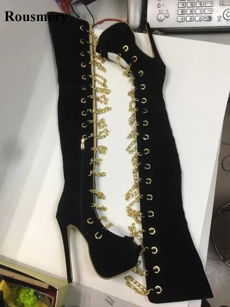 Women Sexy New Fashion Open Toe Black Suede Leather Gold Chain Design Over Knee Gladiator Platform Boots Cut-out High Heel Boots Women Sexy New Fashion Open Toe Black Suede Leather Gold Chain Design Over Knee Gladiator Platform Boots Cut-out High Heel Boots
