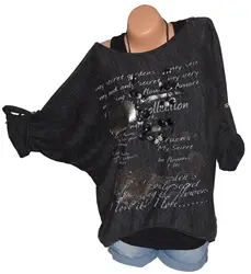 Стиль плюс Размеры Для женщин Мода Графический с овальным вырезом один милый классика плечо «летучая мышь» футболка с длинным рукавом
