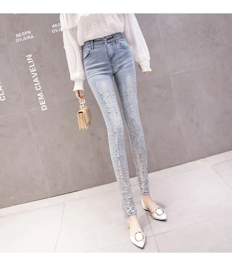 Весна рваные, Стретч Горячие Джинсы женские корейский светильник-цветные джинсовые брюки для ног узкие горячие бурения карандаш брюки