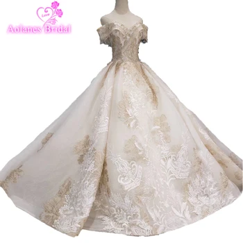شراءVestido دي Noiva الفاخرة منتفخ الكرة ثوب فساتين زفاف دانتيل فستان عروس 2019 عارية الذراعين أثواب الزفاف اللؤلؤ مطرزة Brautkleid