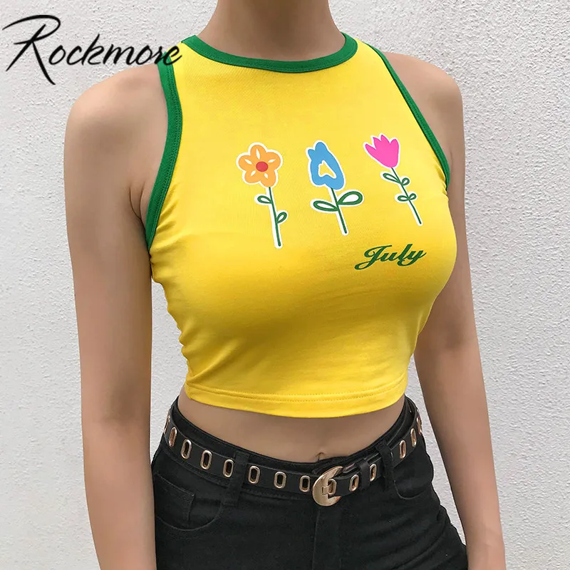 

Rockmore Yellow Bodycon Tank Top Women Vest Womens Flower Print Casual Sleeveless Camisole Summer Crop Tops Femme Streetwear