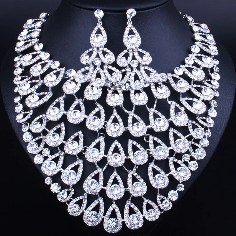 Luxury Full Crystal Rhinestones Big Peacock Tail Shape Necklace Earrings set Classic Indian Bridal Jewelry Sets