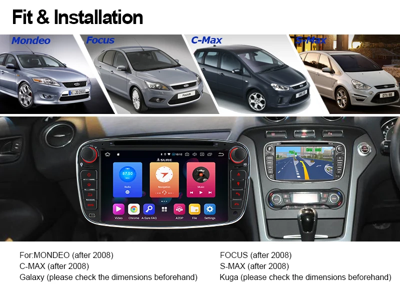 Sale A-Sure 7 Inch 2 Din Android 9.0 Car Radio GPS DVD Player Navigation For FORD/Focus/S-MAX/Mondeo/C-MAX/Galaxy/Fiesta 32G ROM DAB+ 10