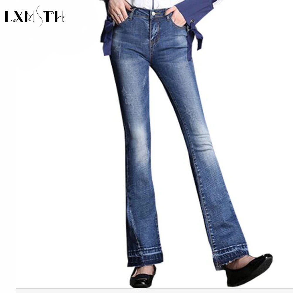 

2017 Spring Female Jeans with High Waist Slim Casual Boyfriend Jeans for Women Stretch Extra Long Flare Trousers Large Size
