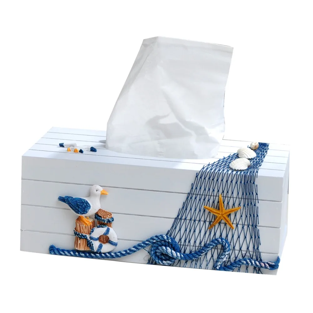 Mediterranean Style Painted Wooden Tissue Box Creative Paper Napkin Holder Home Table Bathroom
