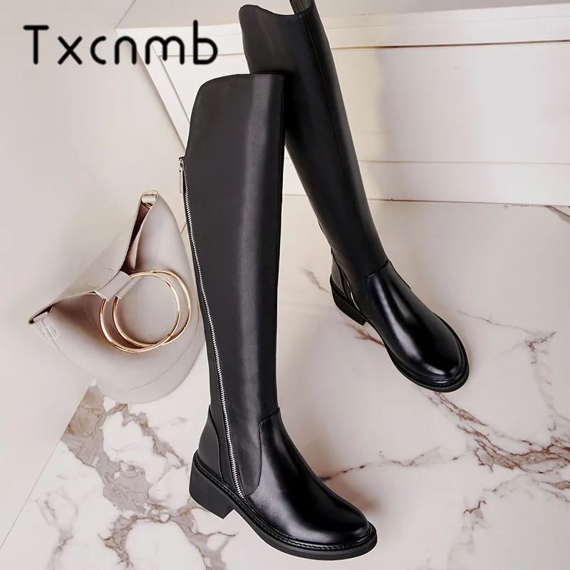 

TXCNMB Knee-high Boots Women Winter Genuine Leather Round Toe Thick High Heel Metal Boots Zipper Plush Lining Ladies Shoes Woman