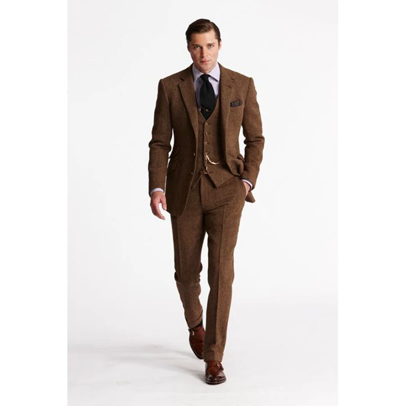 2017 Latest Coat Pant Designs Brown Tweed Men Suit Slim