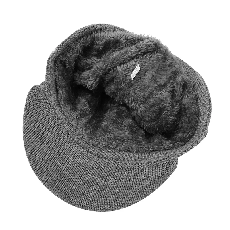 Warm Winter Men Hat Knit Cable Visor Male Beanie Fleece Lining Patchwork Beanie Stripe Newsboy Cap Outdoor Sport Adult Hat  (26)