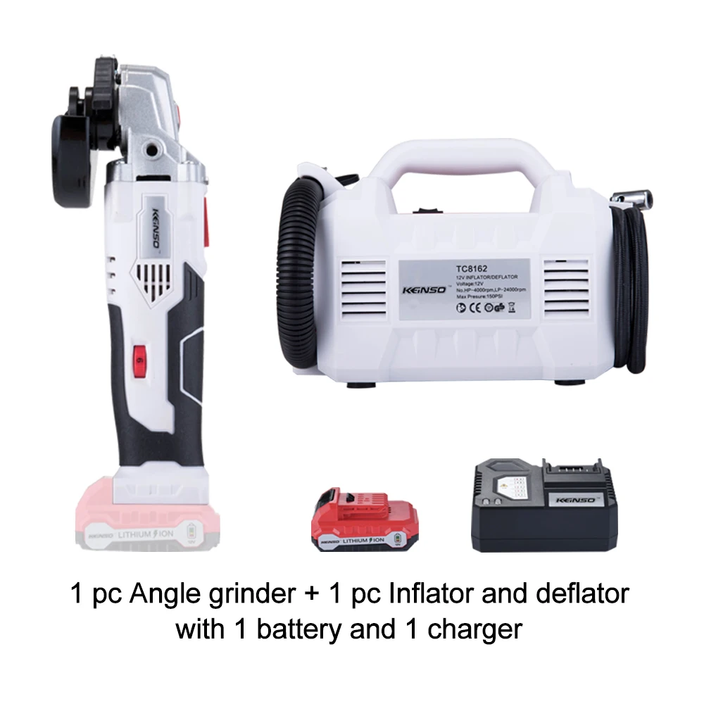 

Keinso 12V power tools set Inflator and deflator and Angle grinder with one lithium battery and one charger