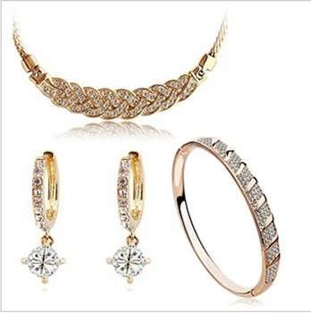 

2015 Christmas Jewelry Fashion Yellow Gold Filled Clear Austrian Crystal Heart Necklace Earring Bracelet Wedding Jewelry Set