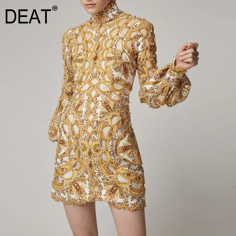

DEAT 2019 Autumn new hollow beaded turtleneck long-sleeved slim openwork dress show two-piece suit trend leading WI11408