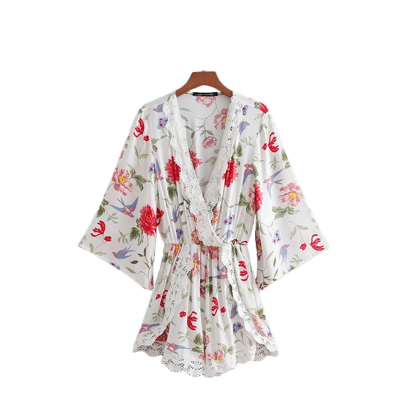 

Summer Women Sexy Deep V-Neck Lace Dress Splice Women Casual Flower Printed Lace Short Dress A-Line Slim Female Sundress