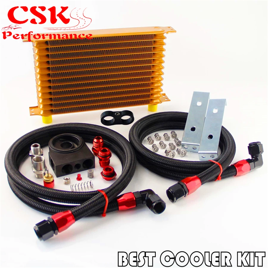 Trust 13 Row Oil Cooler Kit 85 Degree Oil Filter Sandwich Plate Thermostat Gold/Black/Blue on